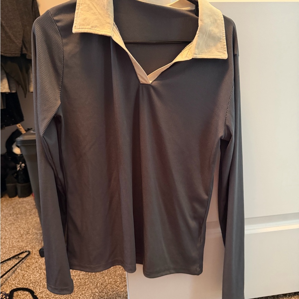 SHEIN Gray Blouse with Cream Collar
